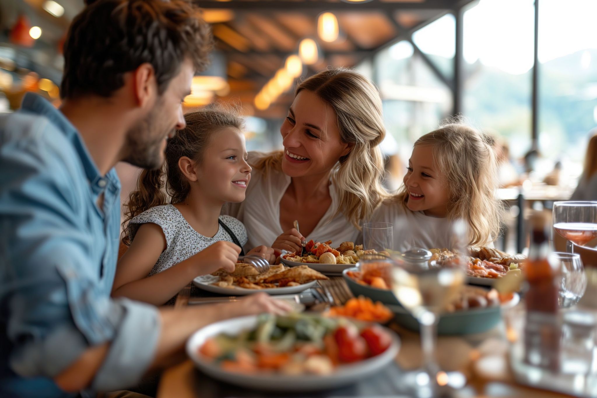 Viridian Central A family of four smiling and eating at a restaurant table.