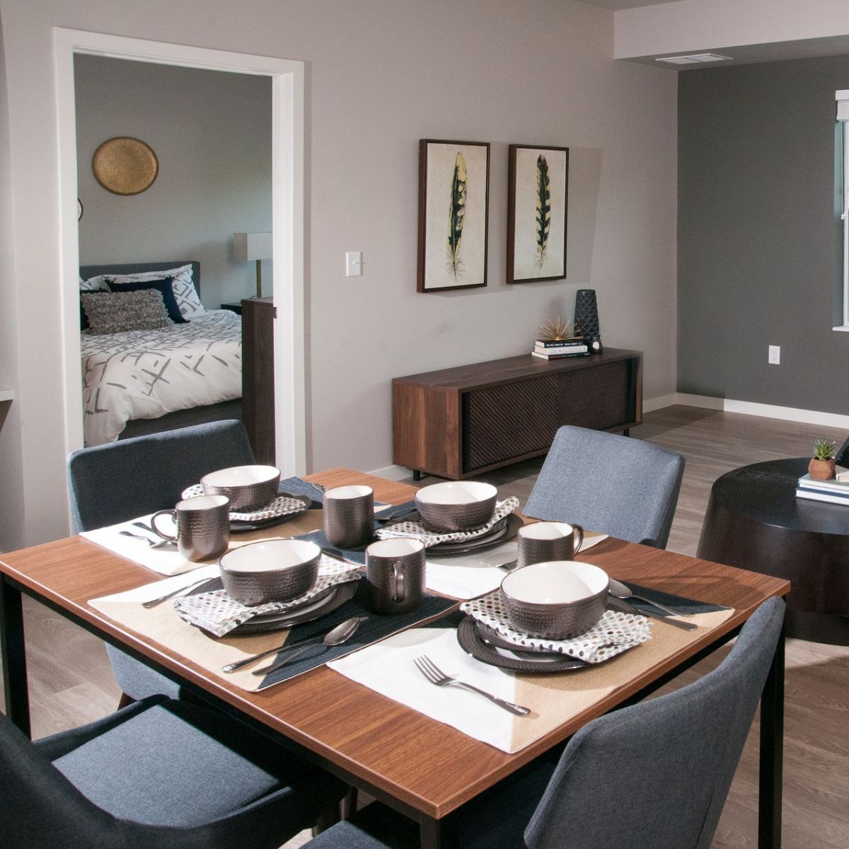 Viridian Central Contemporary gray furniture in a combined living room and dining area.